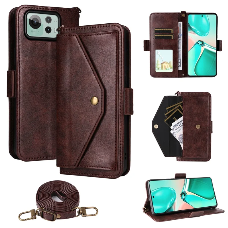 Para Asus Zenfone 12 Ultra 5G Capa de Couro Fecho Magnético Carteira Suporte para Telefone com Alça Transversal - Marrom