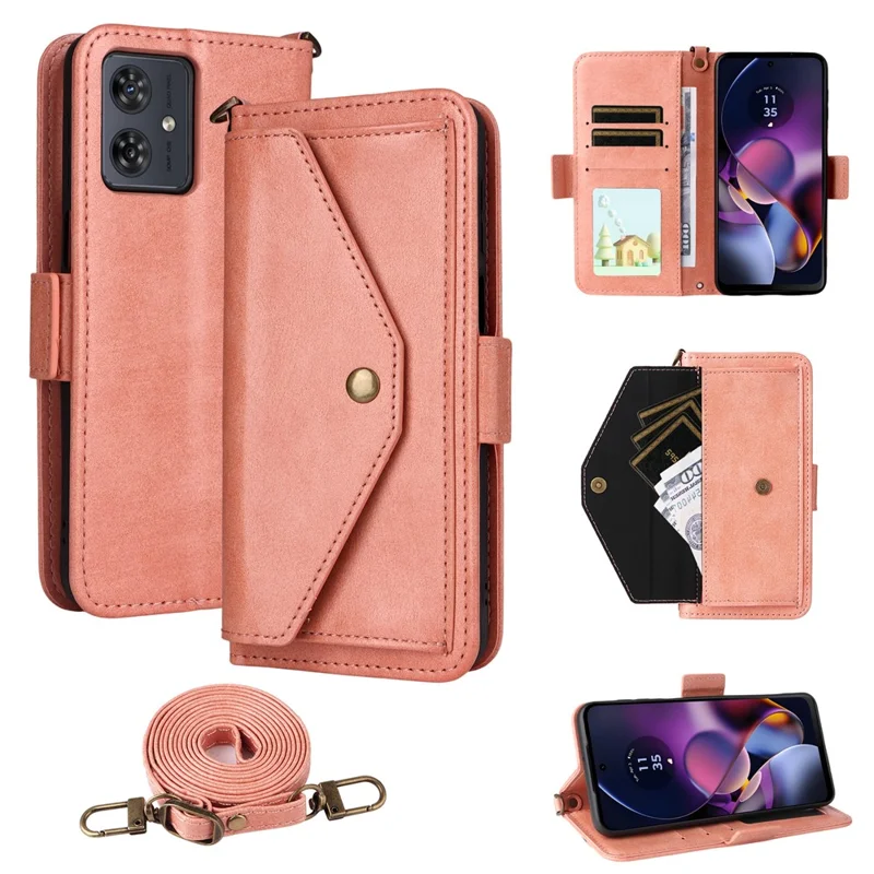 Funda de cuero para Motorola Moto G64 5G / G54 5G con cierre magnético, soporte tipo cartera y correa bandolera - Rosa