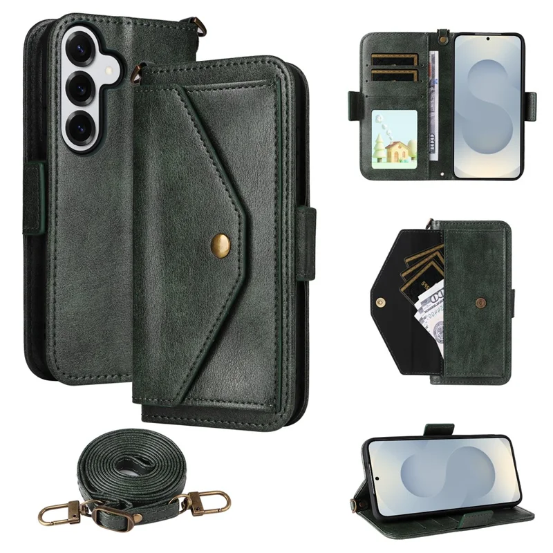 For Samsung Galaxy S25 Leather Case Magnetic Closure Wallet Stand Phone Cover with Crossbody Strap - Green