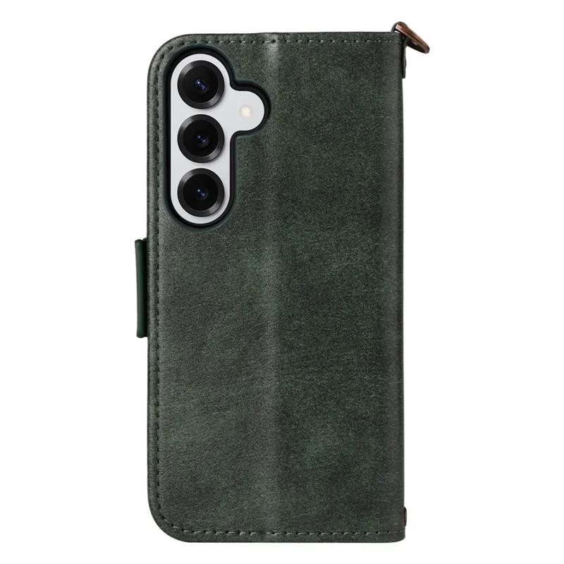 For Samsung Galaxy S25 Leather Case Magnetic Closure Wallet Stand Phone Cover with Crossbody Strap - Green