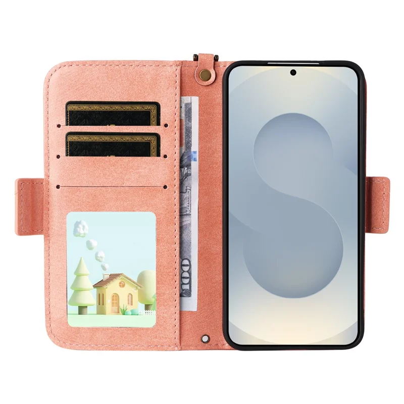 Für Samsung Galaxy S25+ Lederetui mit Magnetverschluss, Brieftasche, Ständer und Umhängeriemen - Rosa
