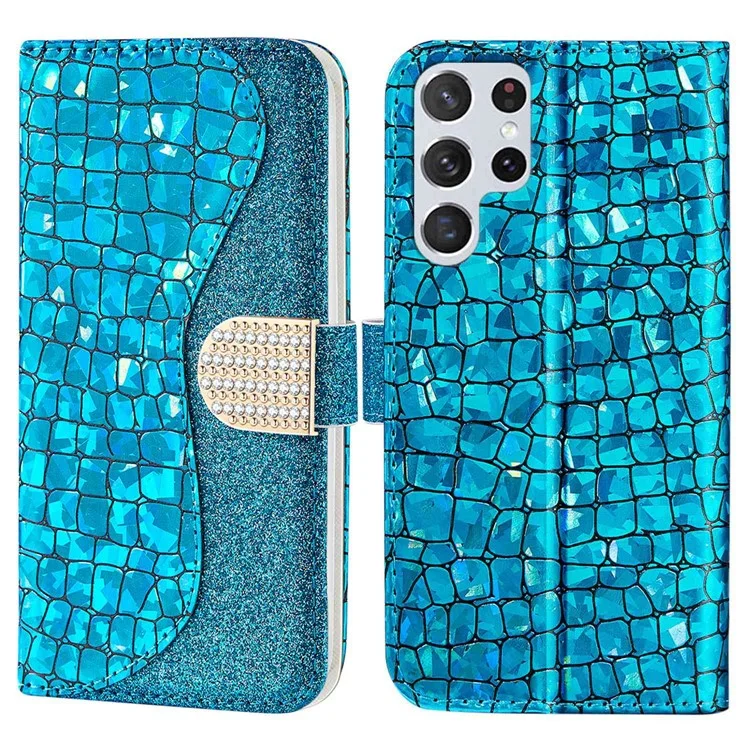 For Samsung Galaxy S23 Ultra Sparkly Glitter Splicing Phone Stand Cover Crocodile Texture Drop-proof PU Leather Wallet Case - Blue