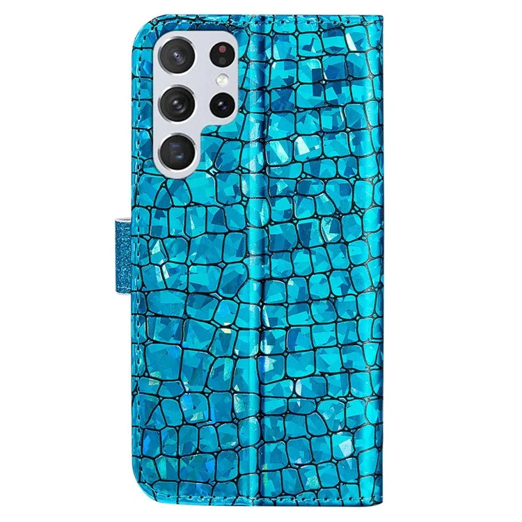 For Samsung Galaxy S23 Ultra Sparkly Glitter Splicing Phone Stand Cover Crocodile Texture Drop-proof PU Leather Wallet Case - Blue