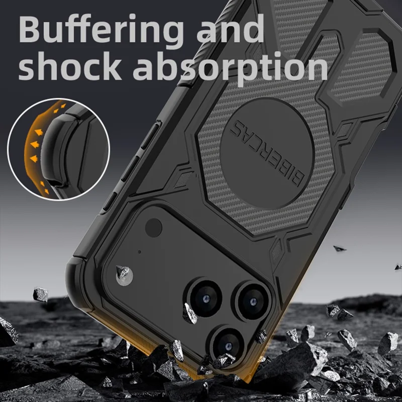 BIBERCAS J-16 Série Capa para iPhone 17 Pro Max Compatível com MagSafe Antiderrapante TPU + Capa de Celular PC - Preto