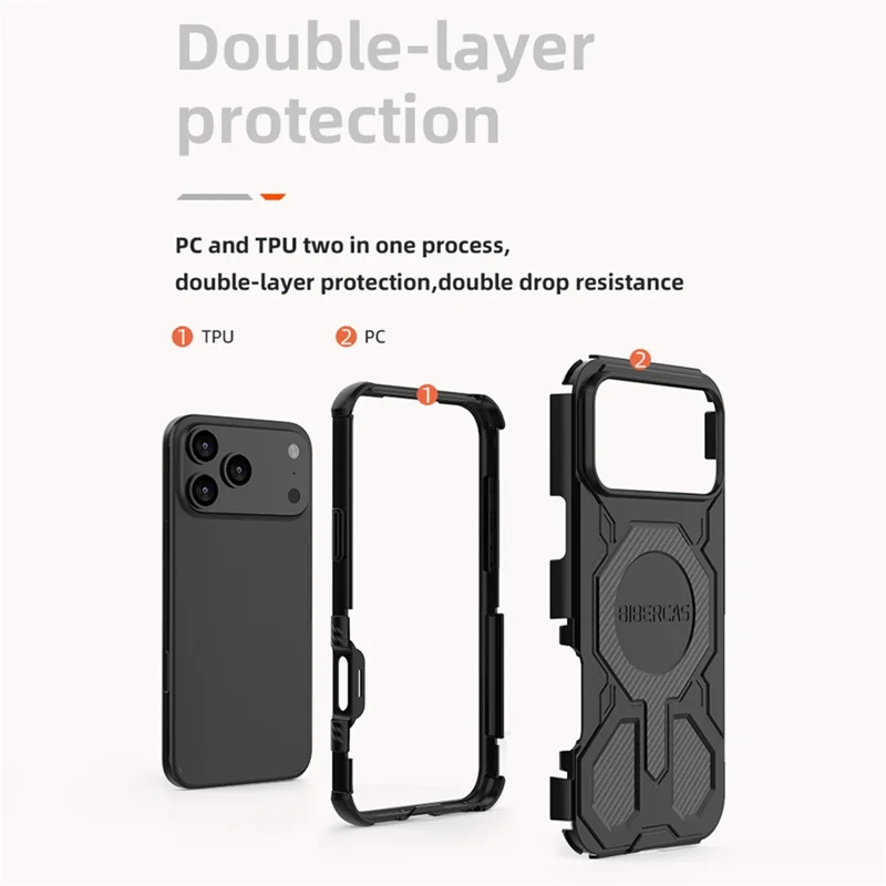BIBERCAS J-16 Série Capa para iPhone 17 Pro Max Compatível com MagSafe Antiderrapante TPU + Capa de Celular PC - Preto