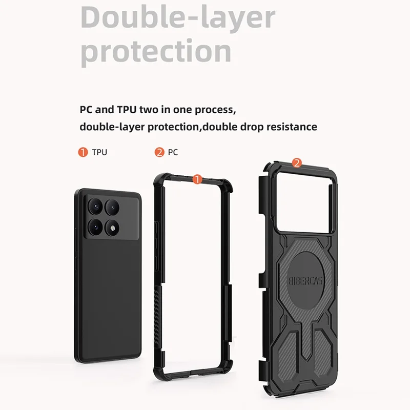 Чехол для телефона BIBERCAS серии J-16 для Xiaomi Poco F6 Pro 5G / Redmi K70 Pro 5G / K70 5G, совместимый с MagSafe, ударопрочный, из ТПУ + ПК, черный