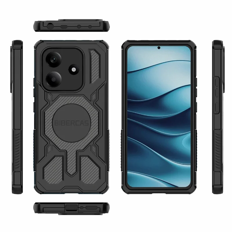BIBERCAS J-16 Série Para Xiaomi Redmi Note 14 5G Capa Compatível com MagSafe Antiderrapante TPU + PC Capa de Celular - Preto