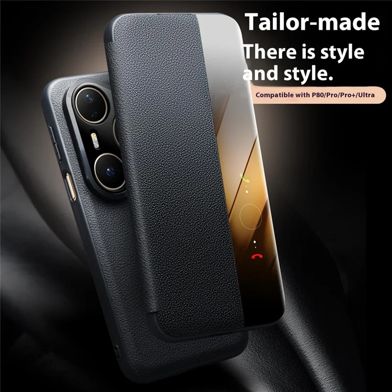QIALINO Pour Huawei Pura 80 Pro / 80 Pro+ Étui avec Fenêtre Vue Automatique / Veille Cuir de Vache Véritable Housse de Téléphone Rabattable - Noir