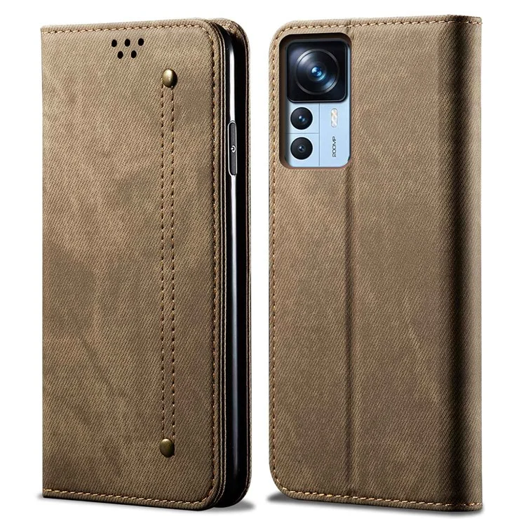 For Xiaomi 12T 5G / 12T Pro 5G / Redmi K50 Ultra 5G Jeans Cloth Texture PU Leather Stand Case Magnetic Auto Closing Phone Wallet Cover - Khaki
