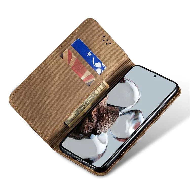 For Xiaomi 12T 5G / 12T Pro 5G / Redmi K50 Ultra 5G Jeans Cloth Texture PU Leather Stand Case Magnetic Auto Closing Phone Wallet Cover - Khaki