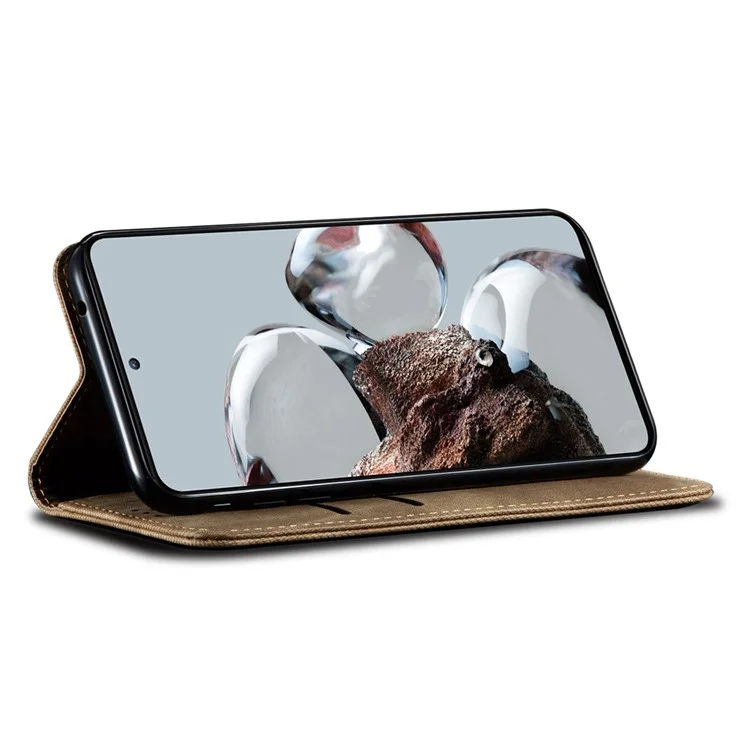 For Xiaomi 12T 5G / 12T Pro 5G / Redmi K50 Ultra 5G Jeans Cloth Texture PU Leather Stand Case Magnetic Auto Closing Phone Wallet Cover - Khaki