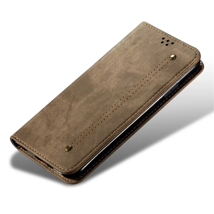 For Xiaomi 12T 5G / 12T Pro 5G / Redmi K50 Ultra 5G Jeans Cloth Texture PU Leather Stand Case Magnetic Auto Closing Phone Wallet Cover - Khaki