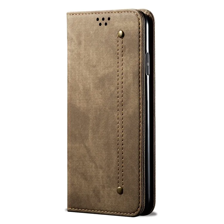 For Xiaomi 12T 5G / 12T Pro 5G / Redmi K50 Ultra 5G Jeans Cloth Texture PU Leather Stand Case Magnetic Auto Closing Phone Wallet Cover - Khaki