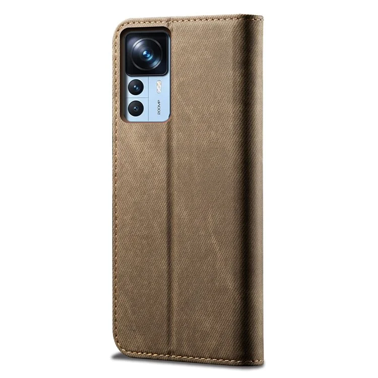 For Xiaomi 12T 5G / 12T Pro 5G / Redmi K50 Ultra 5G Jeans Cloth Texture PU Leather Stand Case Magnetic Auto Closing Phone Wallet Cover - Khaki