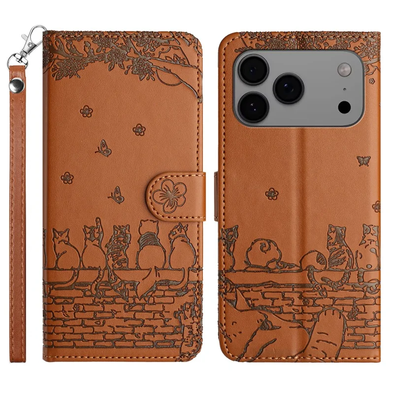 Cover per iPhone 17 Pro con Cinturino da Polso in Pelle con Motivo Gatti Wall - Marrone