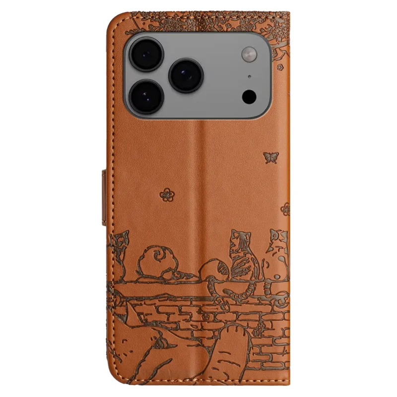 Cover per iPhone 17 Pro con Cinturino da Polso in Pelle con Motivo Gatti Wall - Marrone