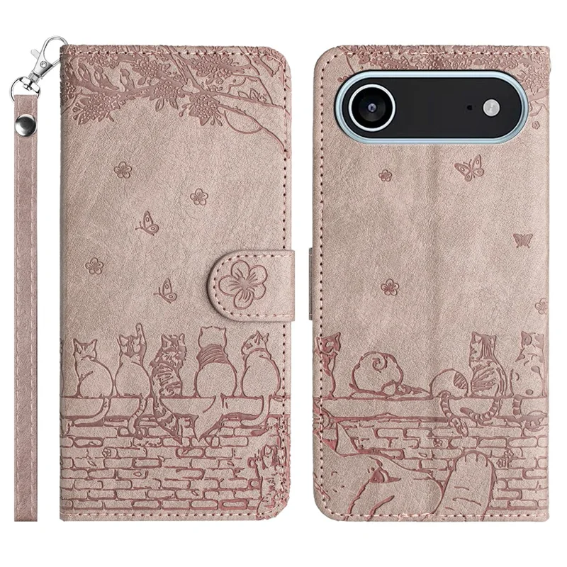 For iPhone Air Case with Wrist Strap Leather Phone Cover Wall Cats Pattern - Smoky Purple