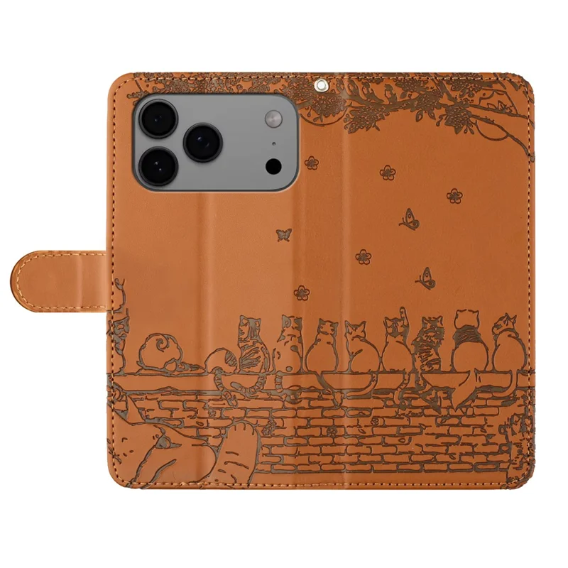 Cover per iPhone 17 Pro Max con Cinturino da Polso in Pelle - Motivo Gatti sul Muro - Marrone