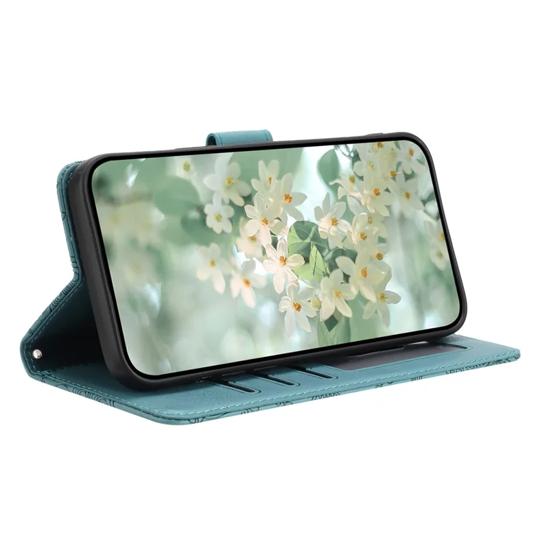 Für iPhone 17 Lufthülle Blumenprägung Leder Flip Brieftasche Handyhülle mit Handgelenkriemen - Dunkelgrün