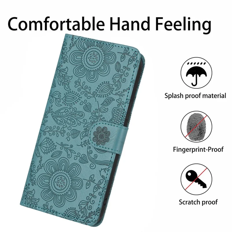 Für iPhone 17 Lufthülle Blumenprägung Leder Flip Brieftasche Handyhülle mit Handgelenkriemen - Dunkelgrün