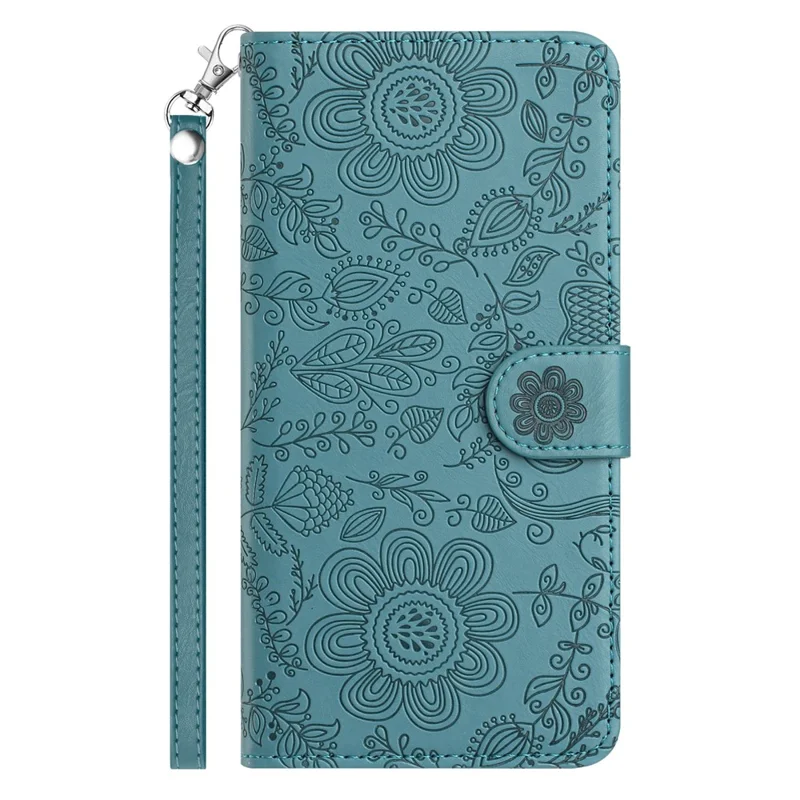 Für iPhone 17 Lufthülle Blumenprägung Leder Flip Brieftasche Handyhülle mit Handgelenkriemen - Dunkelgrün