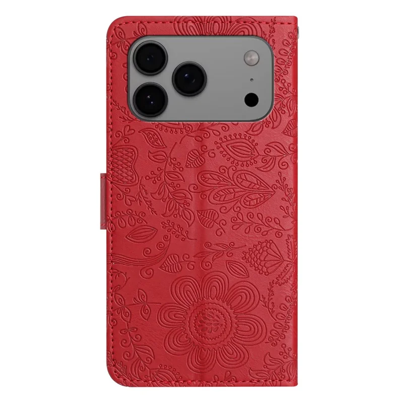 Étui portefeuille à rabat en cuir avec motif floral pour iPhone 17 Pro Max, avec dragonne - Rouge