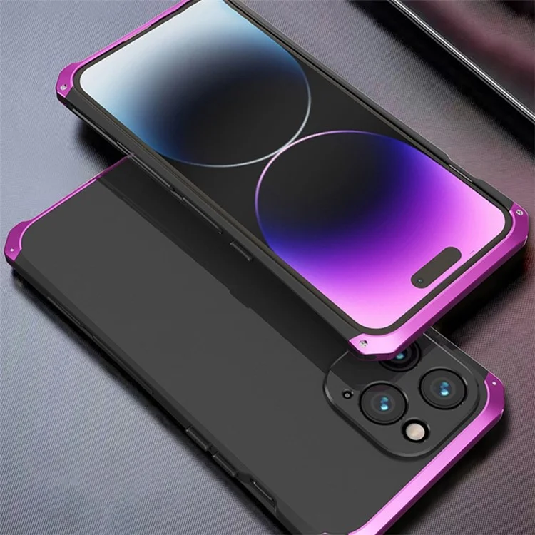 For iPhone 14 Pro Max Metal Frame Phone Case 3-Piece Design Hard PC Shockproof Protection Cover - Black  /  Purple