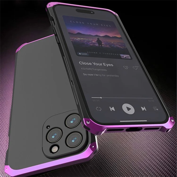 For iPhone 14 Pro Max Metal Frame Phone Case 3-Piece Design Hard PC Shockproof Protection Cover - Black  /  Purple