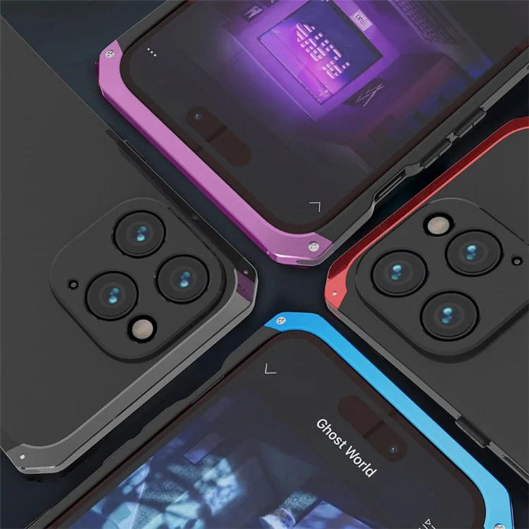 For iPhone 14 Pro Max Metal Frame Phone Case 3-Piece Design Hard PC Shockproof Protection Cover - Black  /  Purple