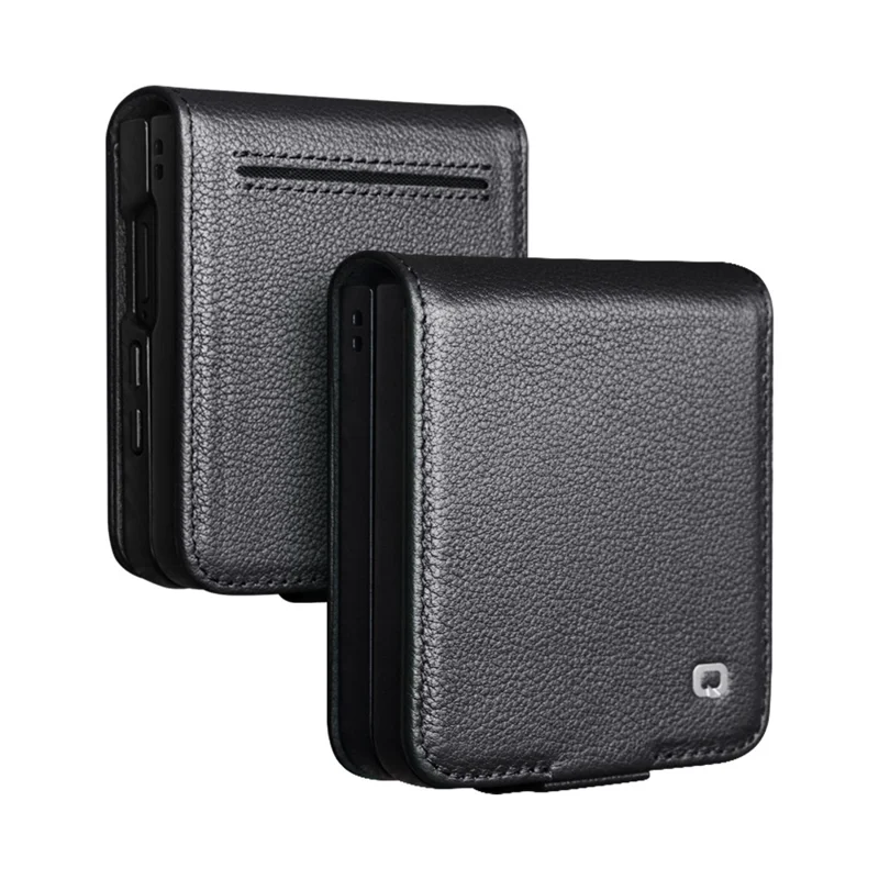QIALINO Funda de Cuero Auténtico de Vaca con Soporte y Portarretratos para Samsung Galaxy Z Flip7 5G - Negro