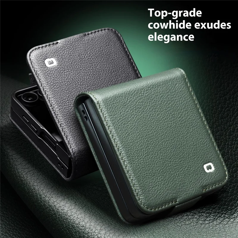 QIALINO Funda de Cuero Auténtico de Vaca con Soporte y Portarretratos para Samsung Galaxy Z Flip7 5G - Negro