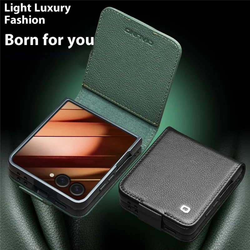 QIALINO Funda de Cuero Auténtico de Vaca con Soporte y Portarretratos para Samsung Galaxy Z Flip7 5G - Negro