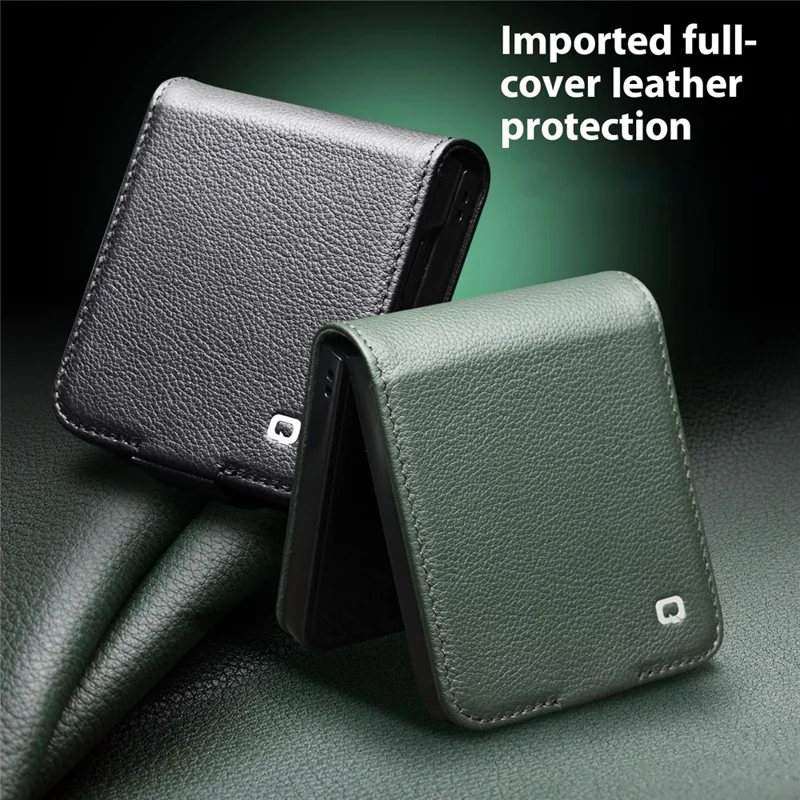 QIALINO Funda de Cuero Auténtico de Vaca con Soporte y Portarretratos para Samsung Galaxy Z Flip7 5G - Negro