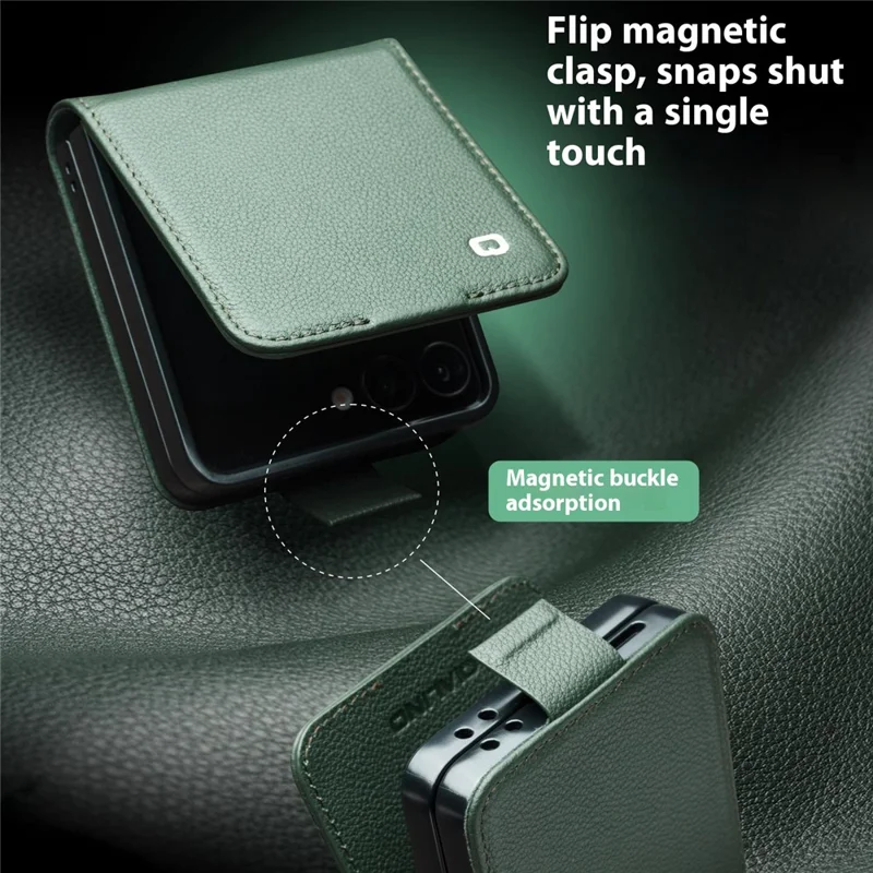 QIALINO Funda de Cuero Auténtico de Vaca con Soporte y Portarretratos para Samsung Galaxy Z Flip7 5G - Negro