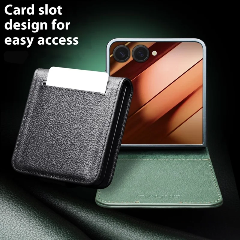 QIALINO Funda de Cuero Auténtico de Vaca con Soporte y Portarretratos para Samsung Galaxy Z Flip7 5G - Negro