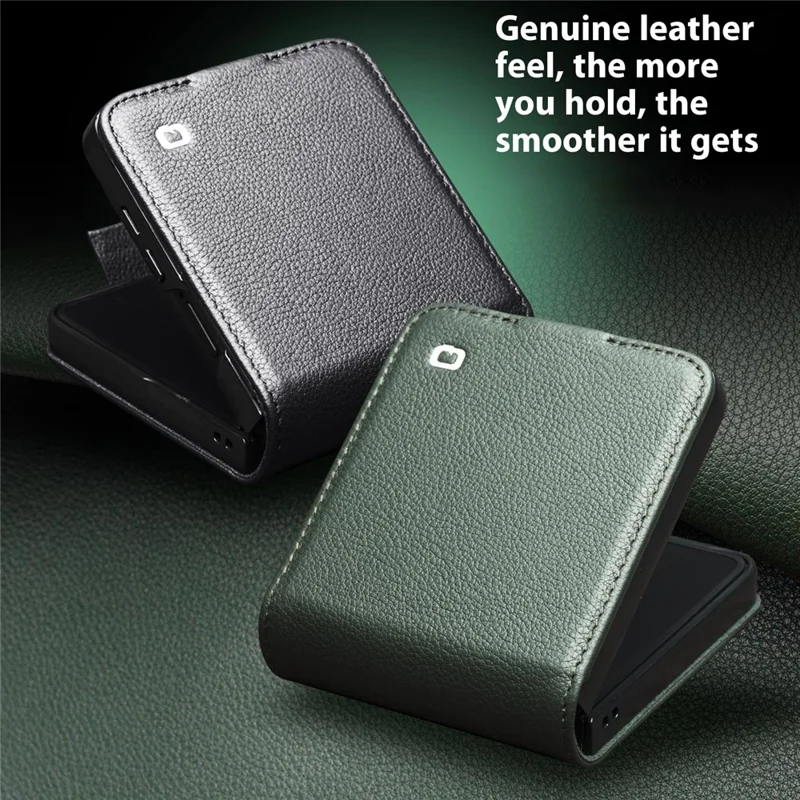 QIALINO Funda de Cuero Auténtico de Vaca con Soporte y Portarretratos para Samsung Galaxy Z Flip7 5G - Negro
