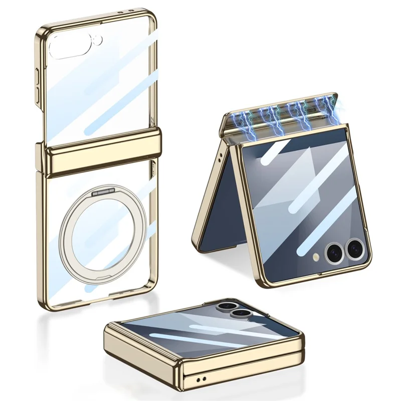 GKK For Samsung Galaxy Z Flip7 5G Case with Kickstand Magnetic Hinge Protection PC Tempered Glass Phone Cover - Champagne Gold
