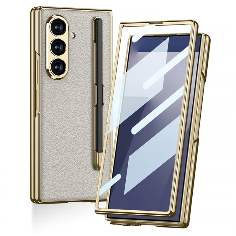 GKK For Samsung Galaxy Z Fold7 5G Case with Stylus Slot Electroplating PU PC Tempered Glass Phone Cover - Titanium Grey
