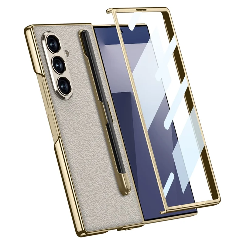 GKK For Samsung Galaxy Z Fold7 5G Case with Stylus Slot Electroplating PU PC Tempered Glass Phone Cover - Titanium Grey