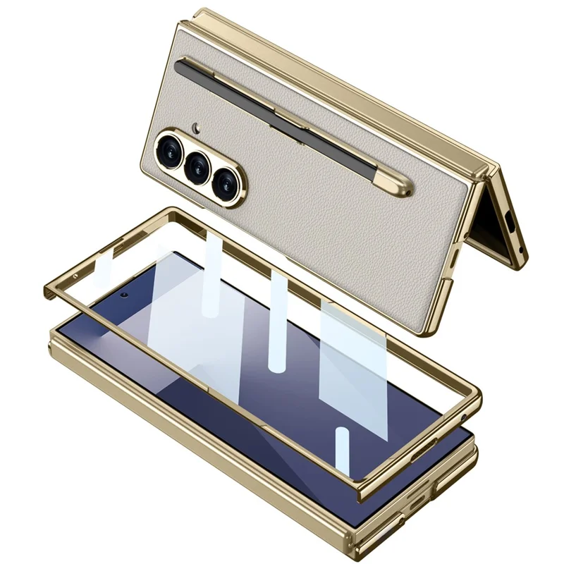 GKK For Samsung Galaxy Z Fold7 5G Case with Stylus Slot Electroplating PU PC Tempered Glass Phone Cover - Titanium Grey