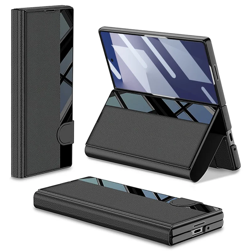 GKK For Samsung Galaxy Z Fold5 5G Stand Case PC + PU Leather Flip Phone Cover with Screen Film - Black