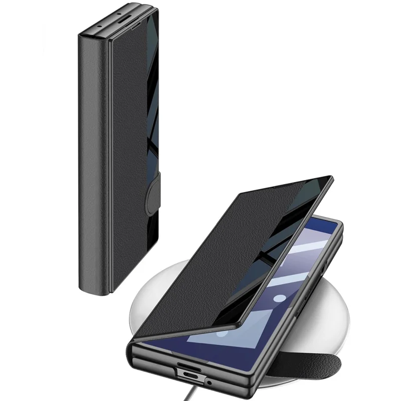 GKK For Samsung Galaxy Z Fold5 5G Stand Case PC + PU Leather Flip Phone Cover with Screen Film - Black