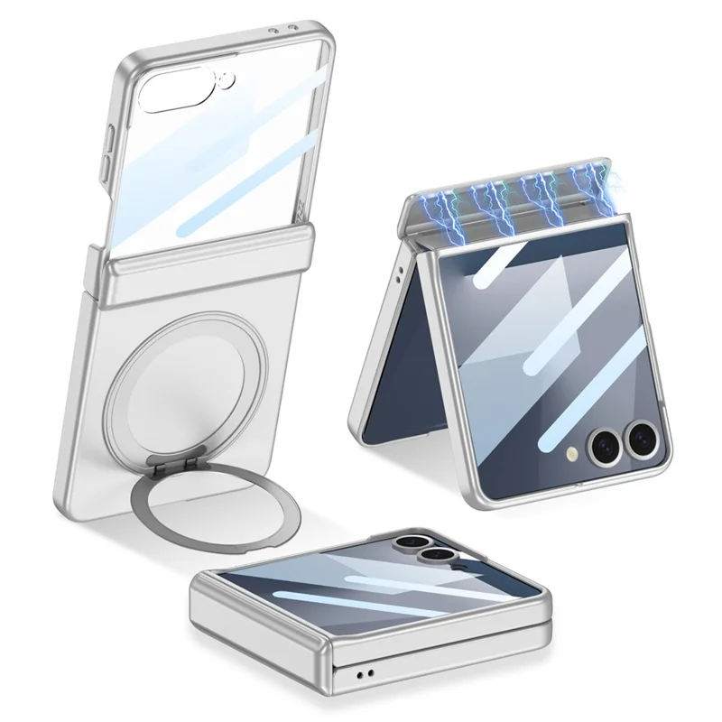 GKK Для Samsung Galaxy Z Flip7 5G Чехол с Подставкой Магнитный Шарнир Защита ПК Чехол для Телефона с HD Защитой Заднего Экрана - Серебристый