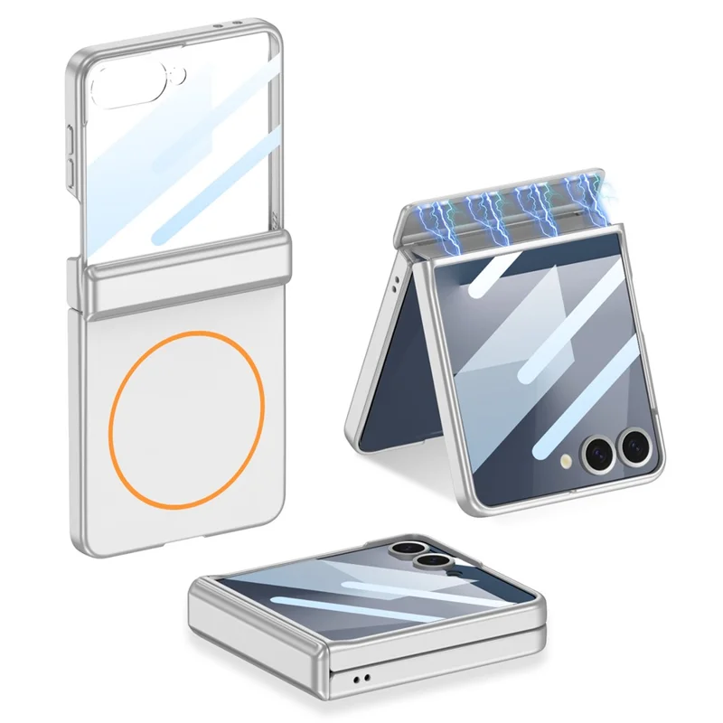 GKK Para Samsung Galaxy Z Flip7 5G Funda Magnética Protección de Bisagra Cubierta de Teléfono PC con Protector de Pantalla Trasera HD - Plata