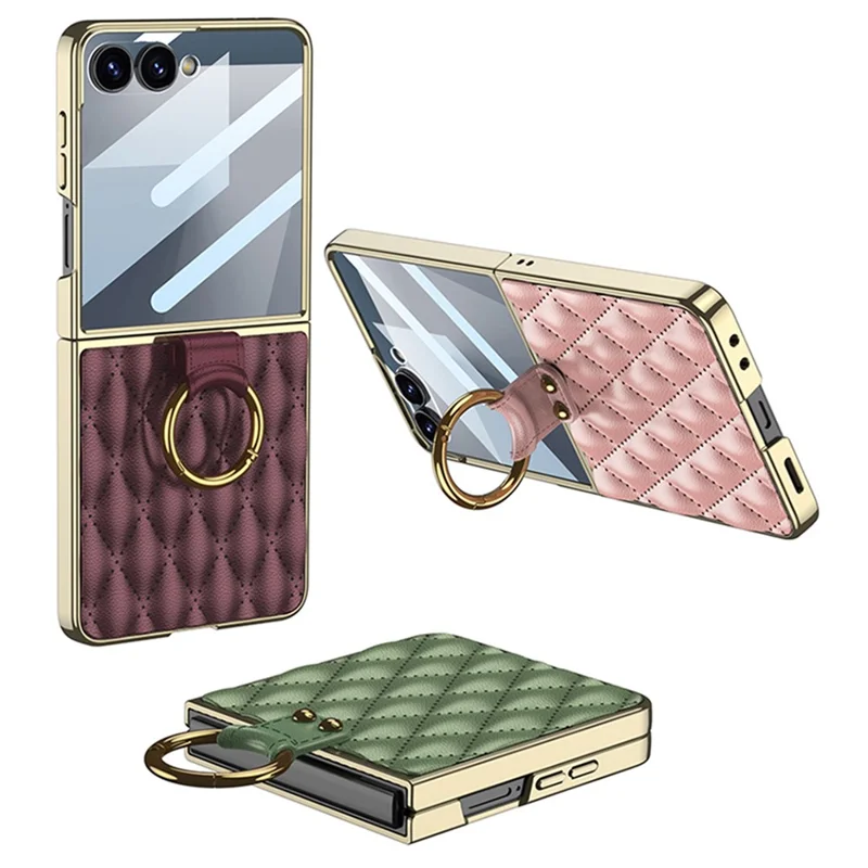GKK For Samsung Galaxy Z Flip7 5G Case Rhombic Pattern PU Leather Back Cover with Ring Holder / Small Screen Film - Black