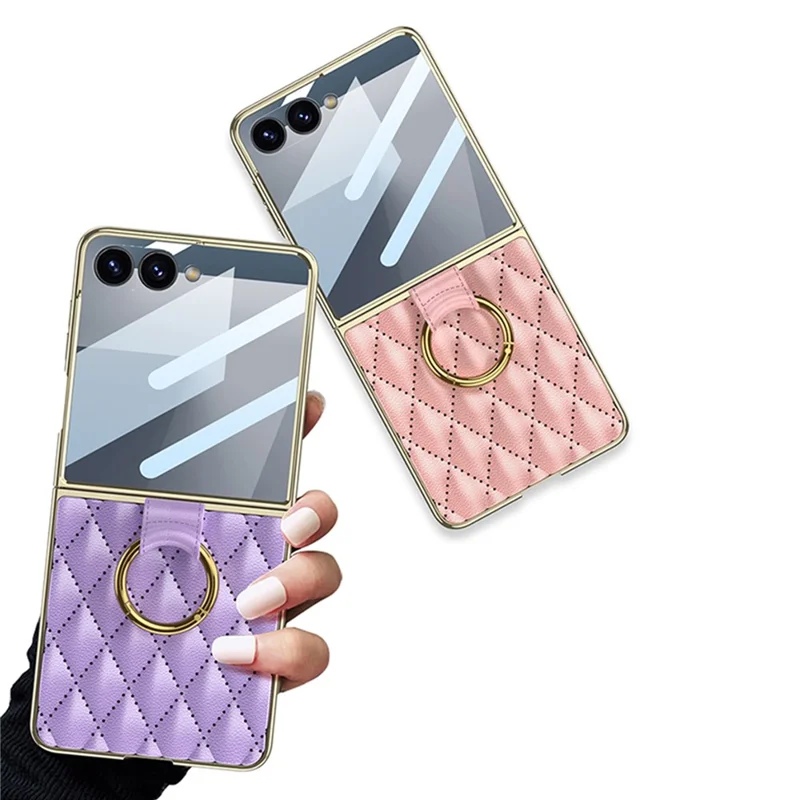 GKK For Samsung Galaxy Z Flip7 5G Case Rhombic Pattern PU Leather Back Cover with Ring Holder / Small Screen Film - Pink