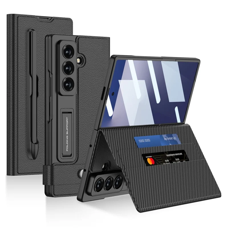 GKK For Samsung Galaxy Z Fold7 5G Case Card Slot PC + PU Flip Phone Cover with Screen Film, Stylus - Carbon Fiber Texture