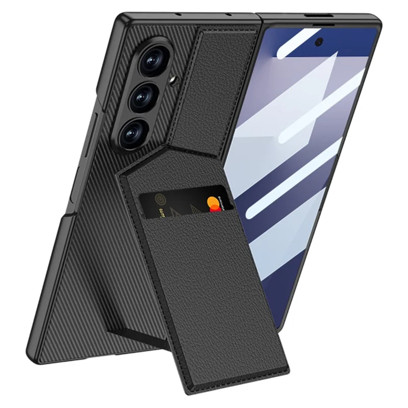 GKK Für Samsung Galaxy Z Fold7 5G Hülle PC + PU Leder Handyhülle mit Kartenhalter Ständer, Schutzfolie - Karbonfaser-Textur