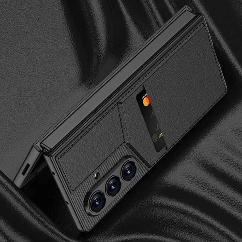 GKK Für Samsung Galaxy Z Fold7 5G Hülle PC + PU Leder Handyhülle mit Kartenhalter Ständer, Schutzfolie - Karbonfaser-Textur