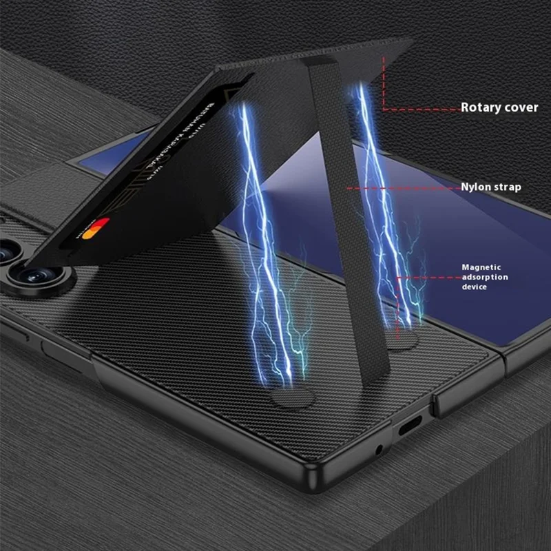 GKK Für Samsung Galaxy Z Fold7 5G Hülle PC + PU Leder Handyhülle mit Kartenhalter Ständer, Schutzfolie - Karbonfaser-Textur